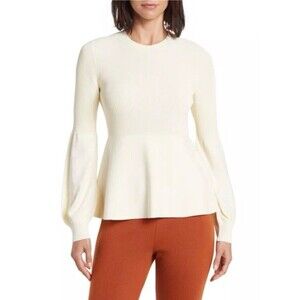 THEORY Blouson Sleeve Vanilla Cream Sweater Ribbed Top Women Small Retail $365